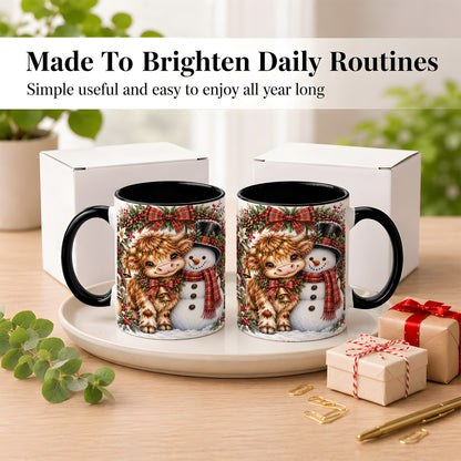 #pl[11oz|Black] Watercolor Highland Cow Coffee Mug, Snowman Mug, Ceramic Cup