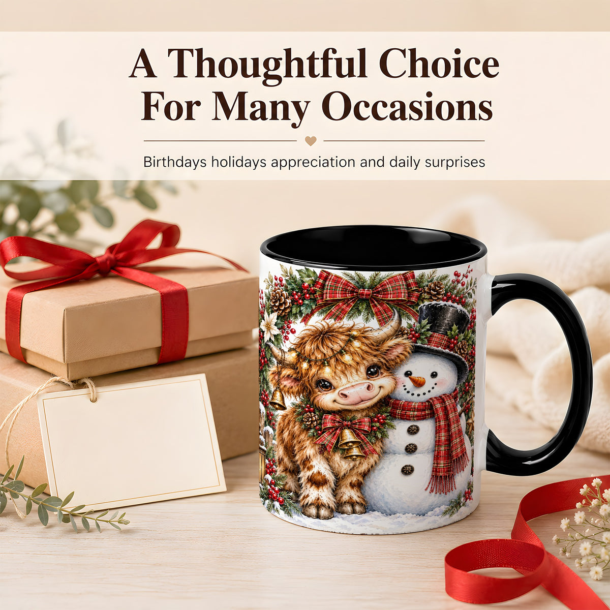 #pl[11oz|Black] Watercolor Highland Cow Coffee Mug, Snowman Mug, Ceramic Cup