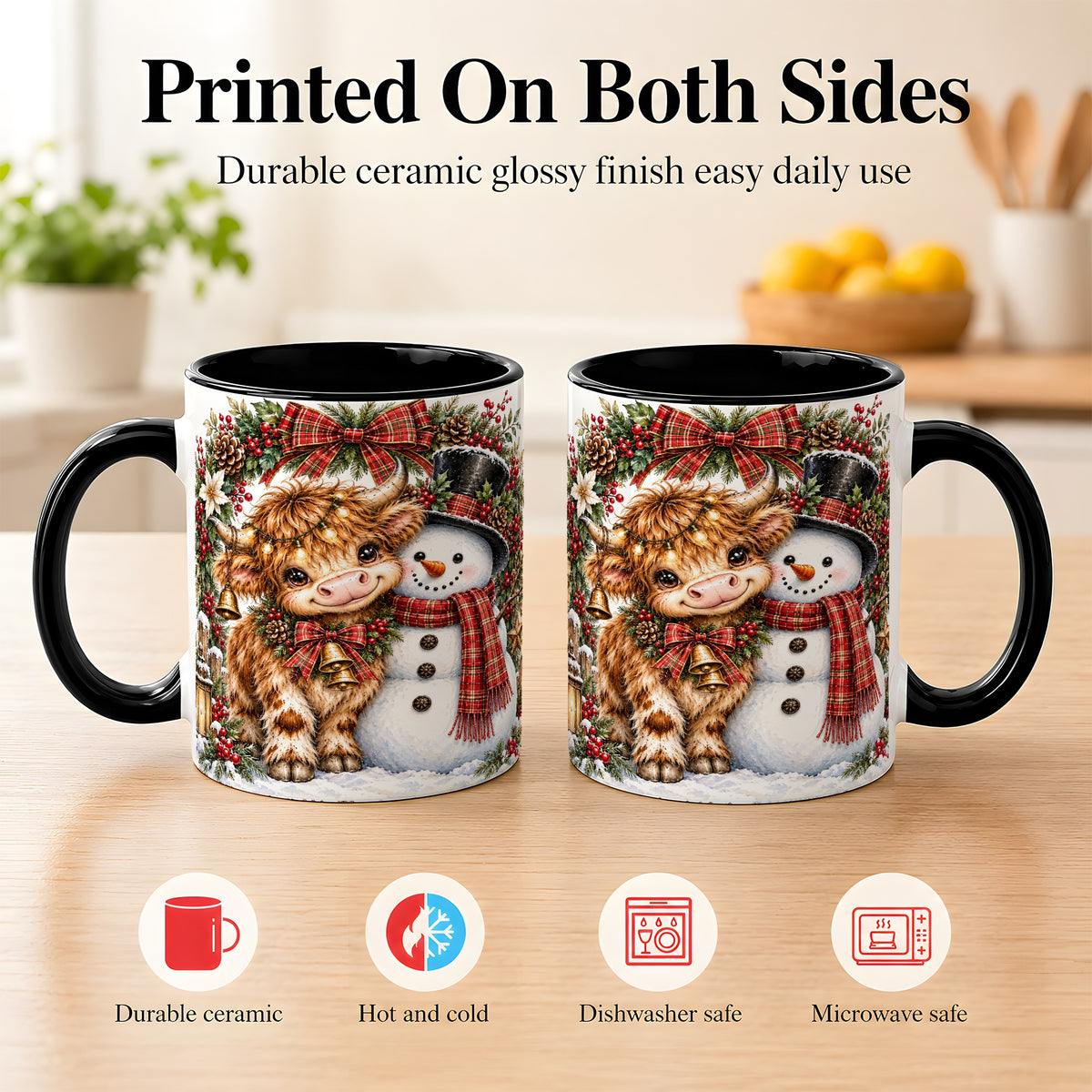 #pl[11oz|Black] Watercolor Highland Cow Coffee Mug, Snowman Mug, Ceramic Cup