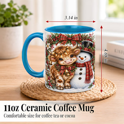 #pl[11oz|Blue] Watercolor Highland Cow Coffee Mug, Snowman Mug, Ceramic Cup