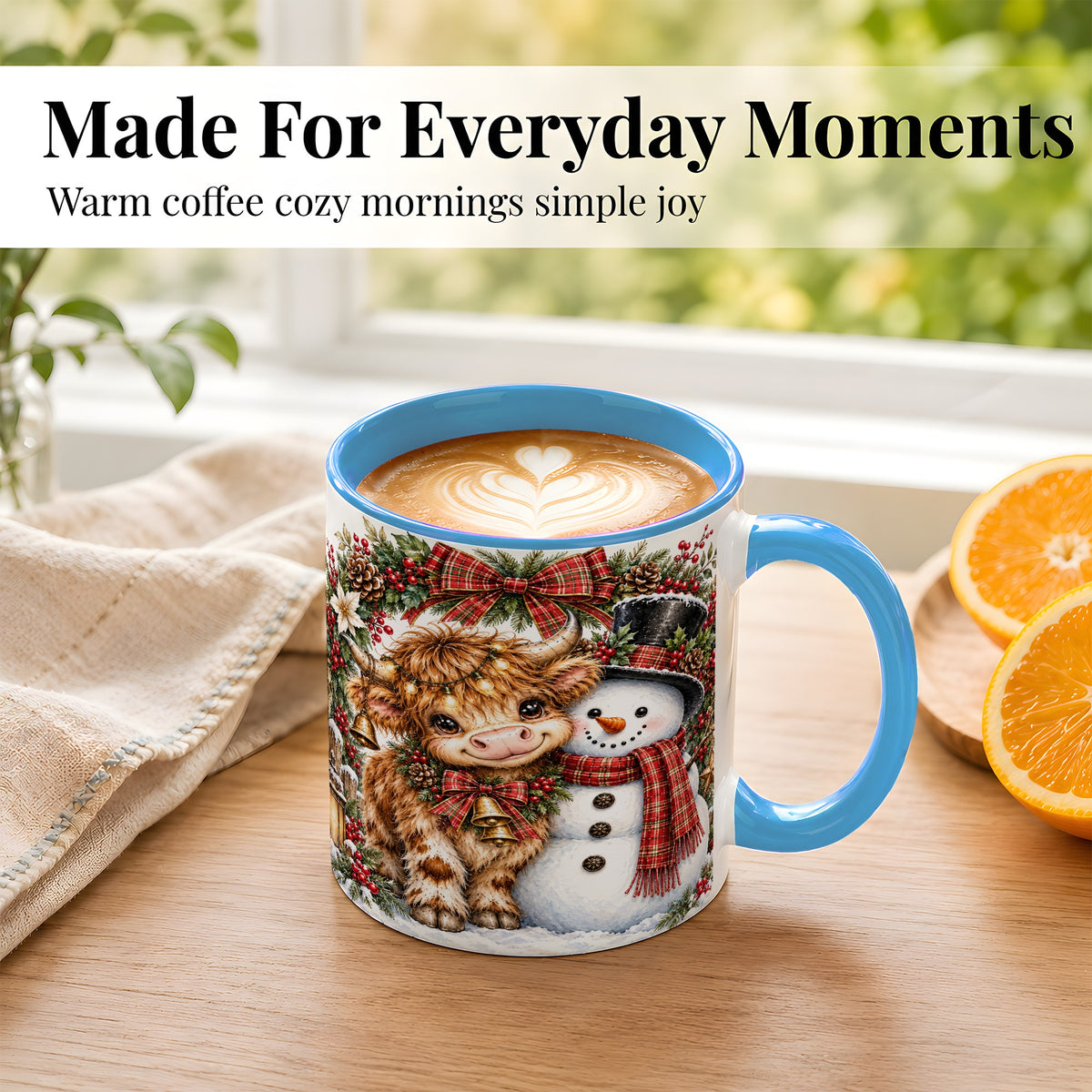 #pl[11oz|Blue] Watercolor Highland Cow Coffee Mug, Snowman Mug, Ceramic Cup