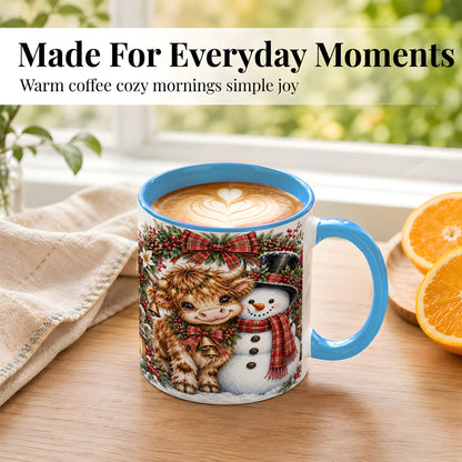#pl[11oz|Blue] Watercolor Highland Cow Coffee Mug, Snowman Mug, Ceramic Cup