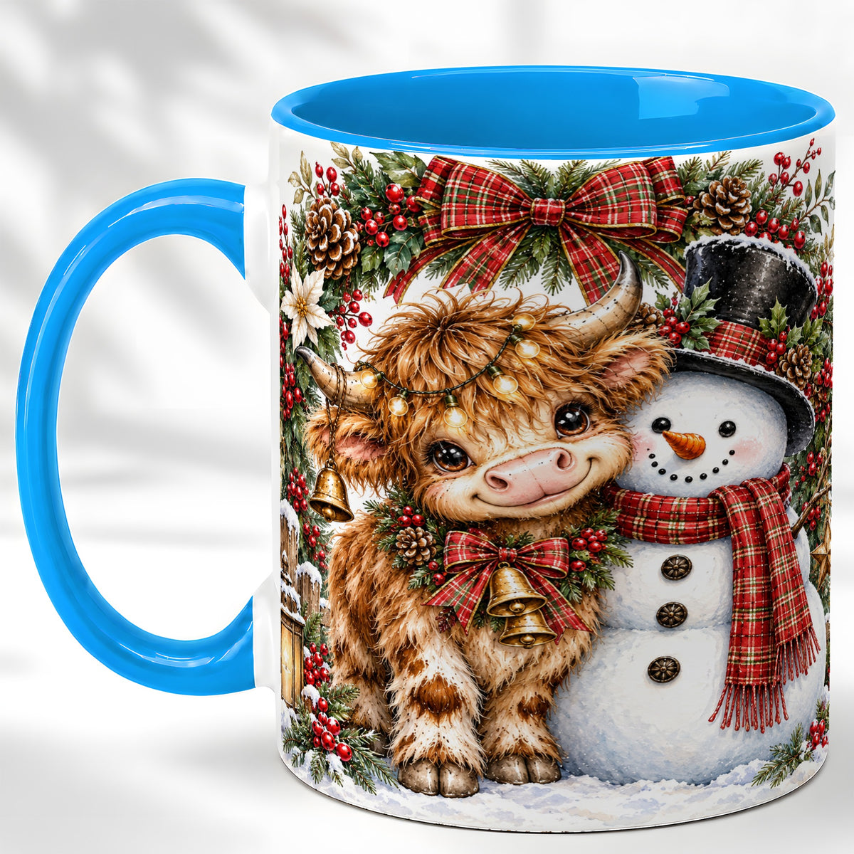 #pl[11oz|Blue] Watercolor Highland Cow Coffee Mug, Snowman Mug, Ceramic Cup