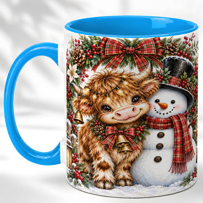 #pl[11oz|Blue] Watercolor Highland Cow Coffee Mug, Snowman Mug, Ceramic Cup