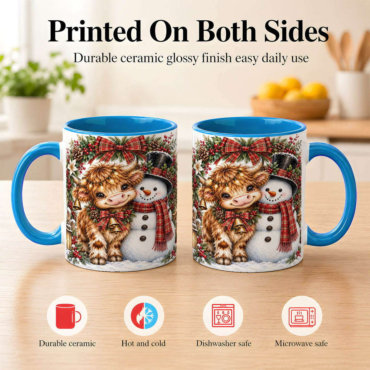 #pl[11oz|Blue] Watercolor Highland Cow Coffee Mug, Snowman Mug, Ceramic Cup
