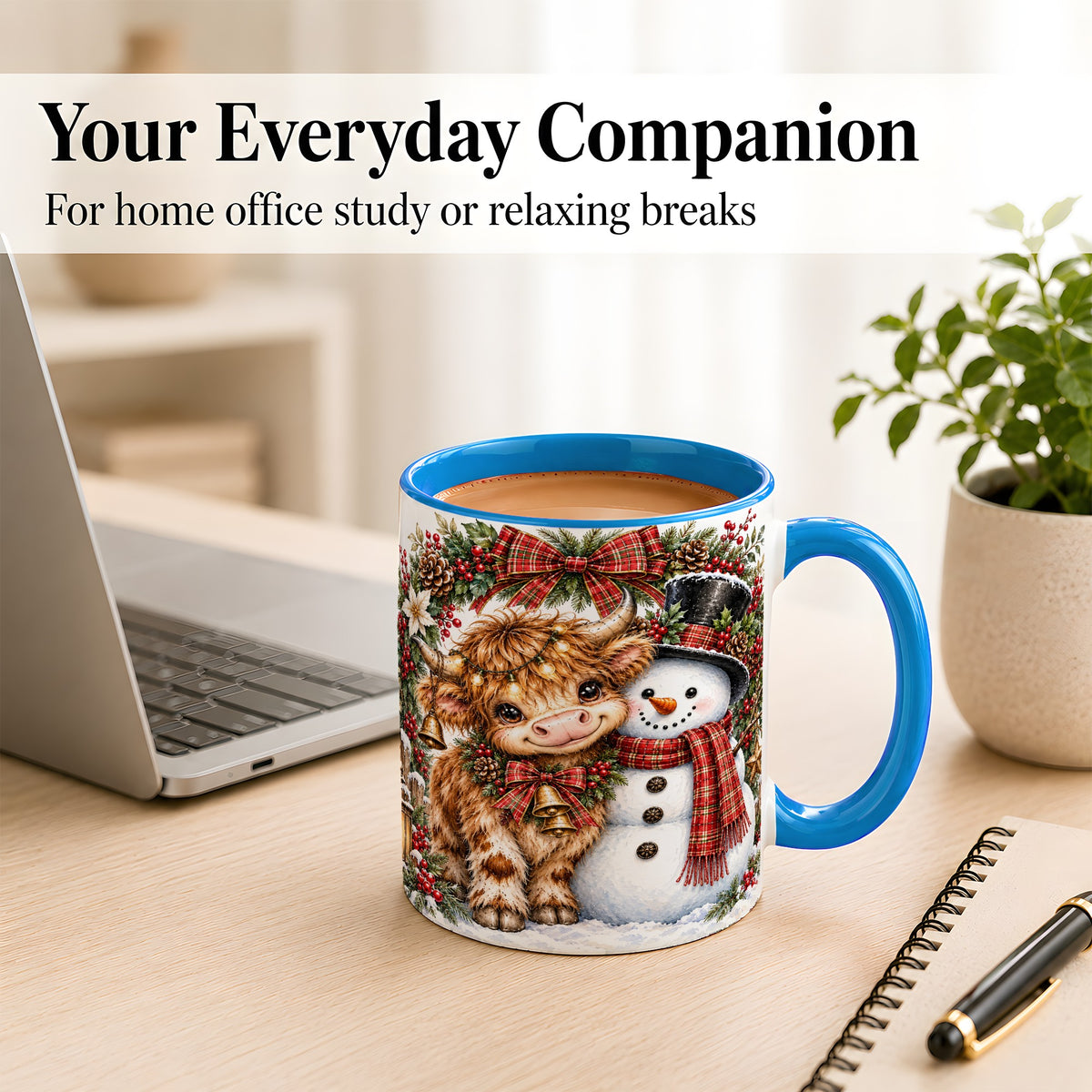 #pl[11oz|Blue] Watercolor Highland Cow Coffee Mug, Snowman Mug, Ceramic Cup