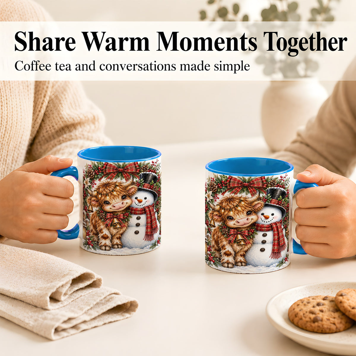 #pl[11oz|Blue] Watercolor Highland Cow Coffee Mug, Snowman Mug, Ceramic Cup