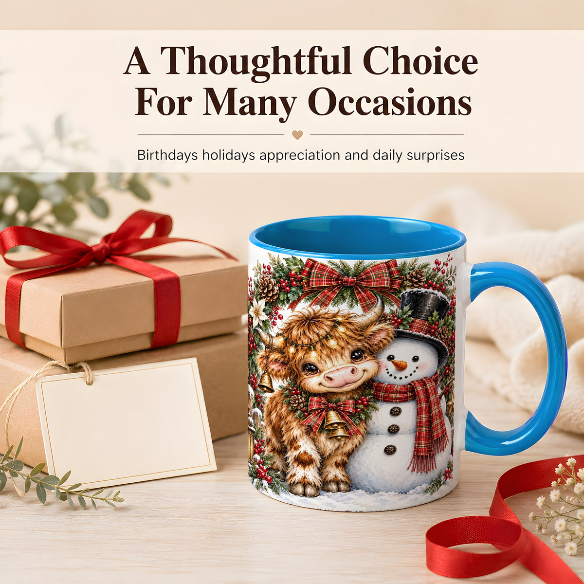 #pl[11oz|Blue] Watercolor Highland Cow Coffee Mug, Snowman Mug, Ceramic Cup
