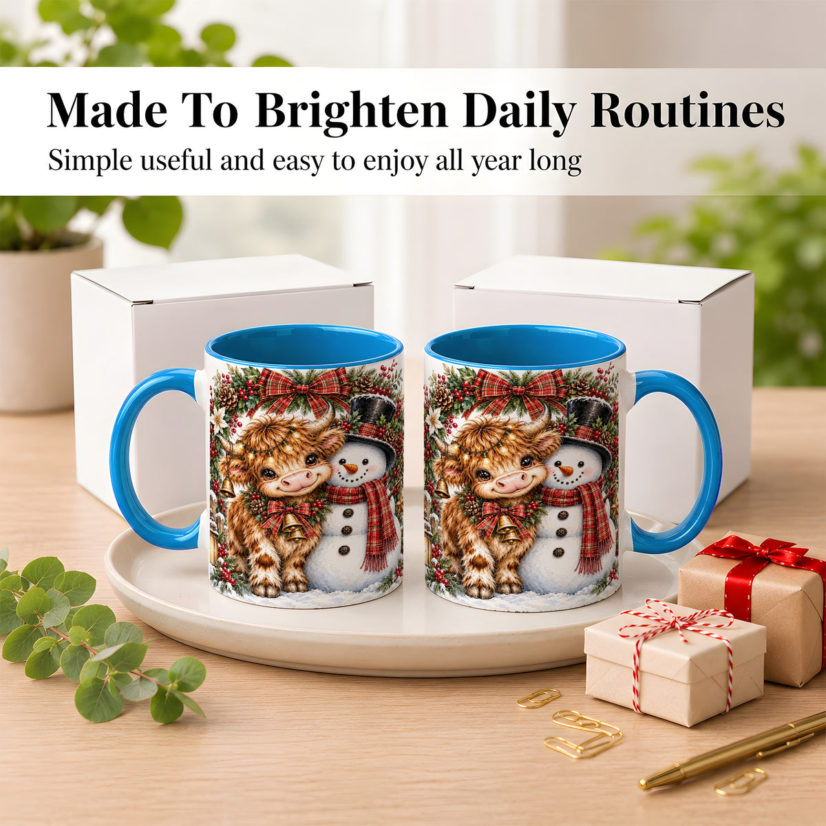 #pl[11oz|Blue] Watercolor Highland Cow Coffee Mug, Snowman Mug, Ceramic Cup
