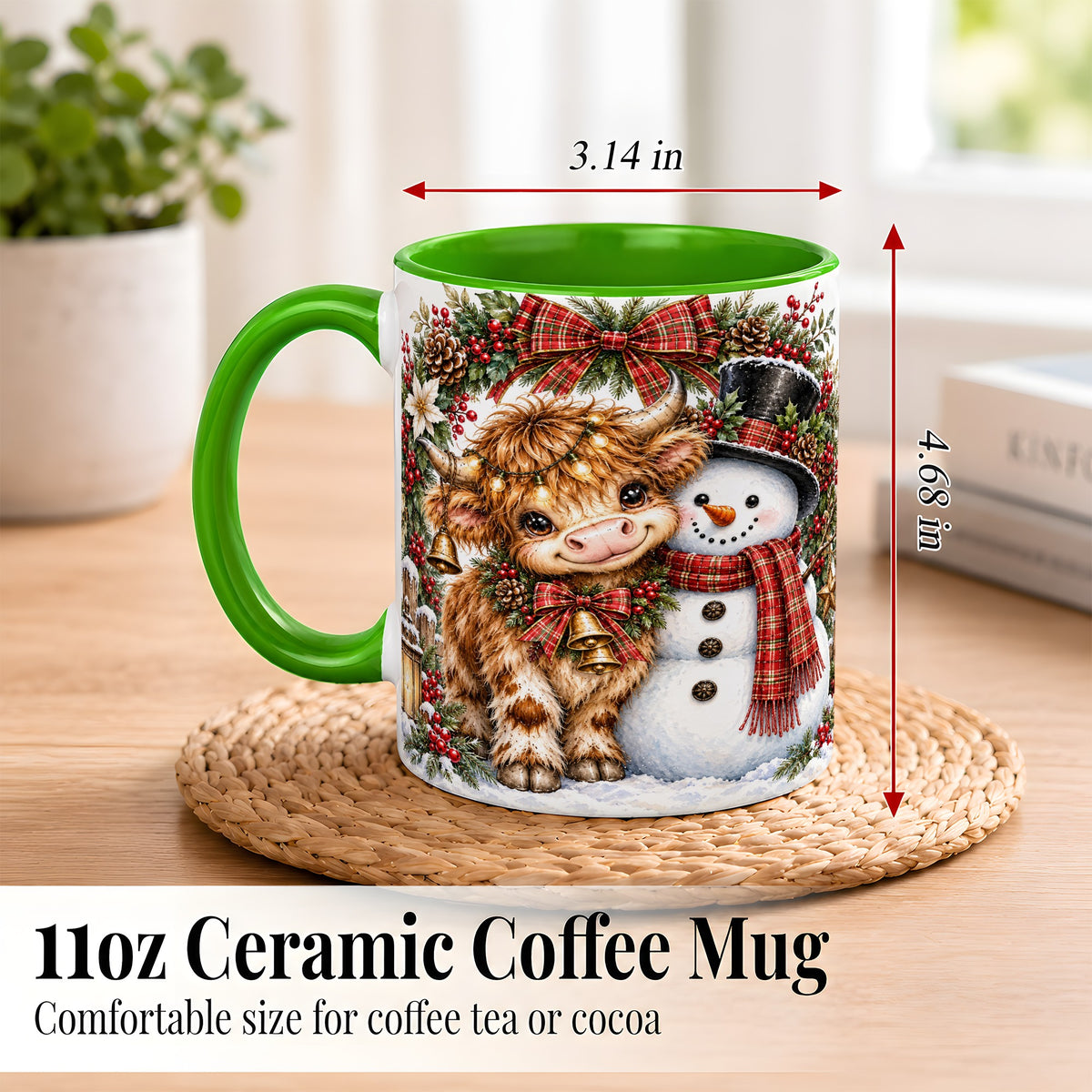 #pl[11oz|Green] Watercolor Highland Cow Coffee Mug, Snowman Mug, Ceramic Cup