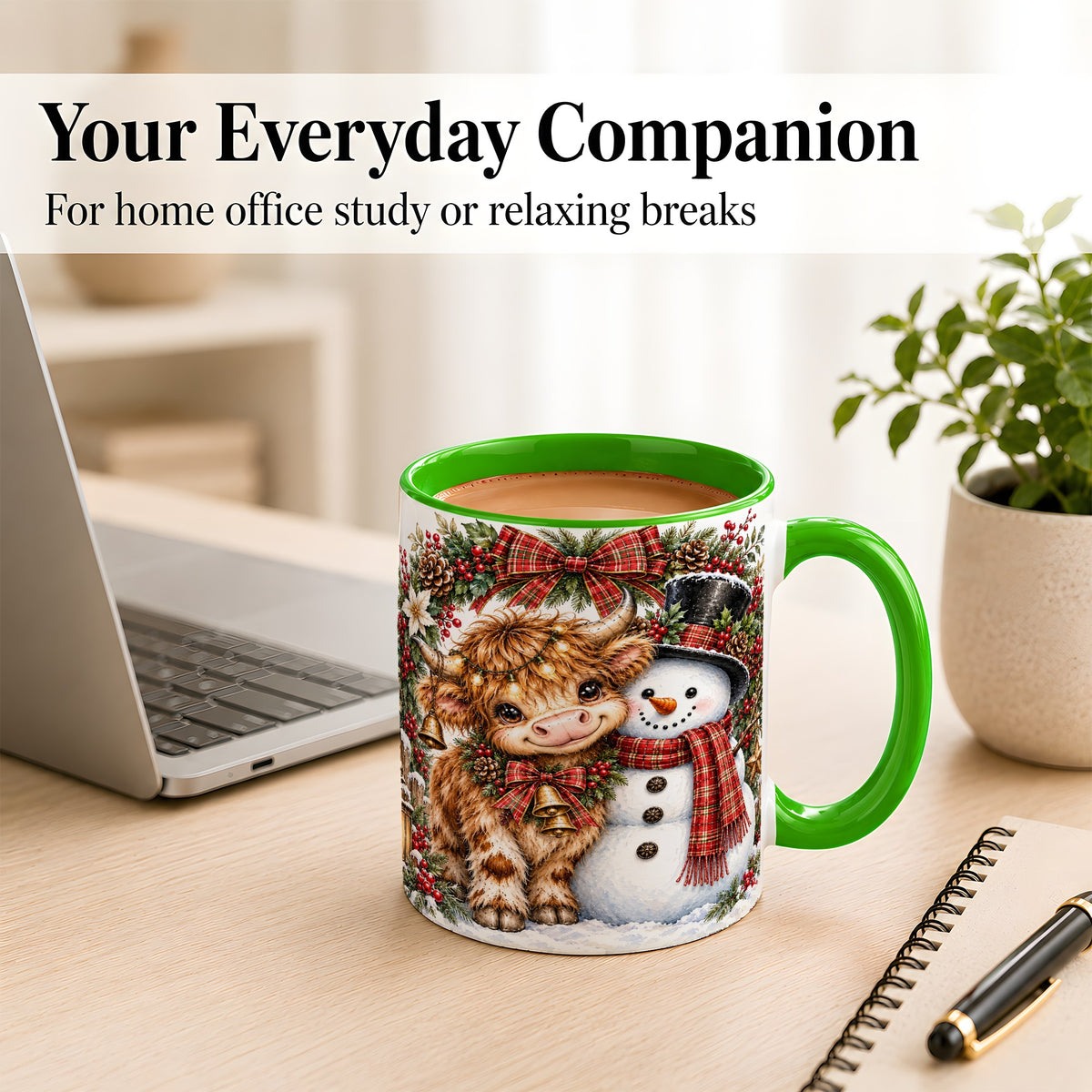 #pl[11oz|Green] Watercolor Highland Cow Coffee Mug, Snowman Mug, Ceramic Cup