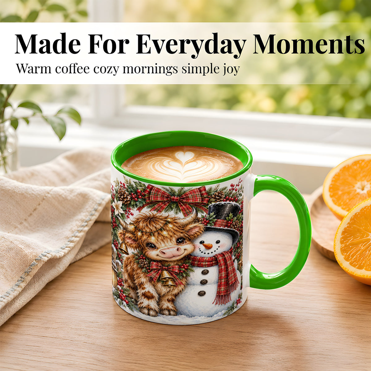 #pl[11oz|Green] Watercolor Highland Cow Coffee Mug, Snowman Mug, Ceramic Cup