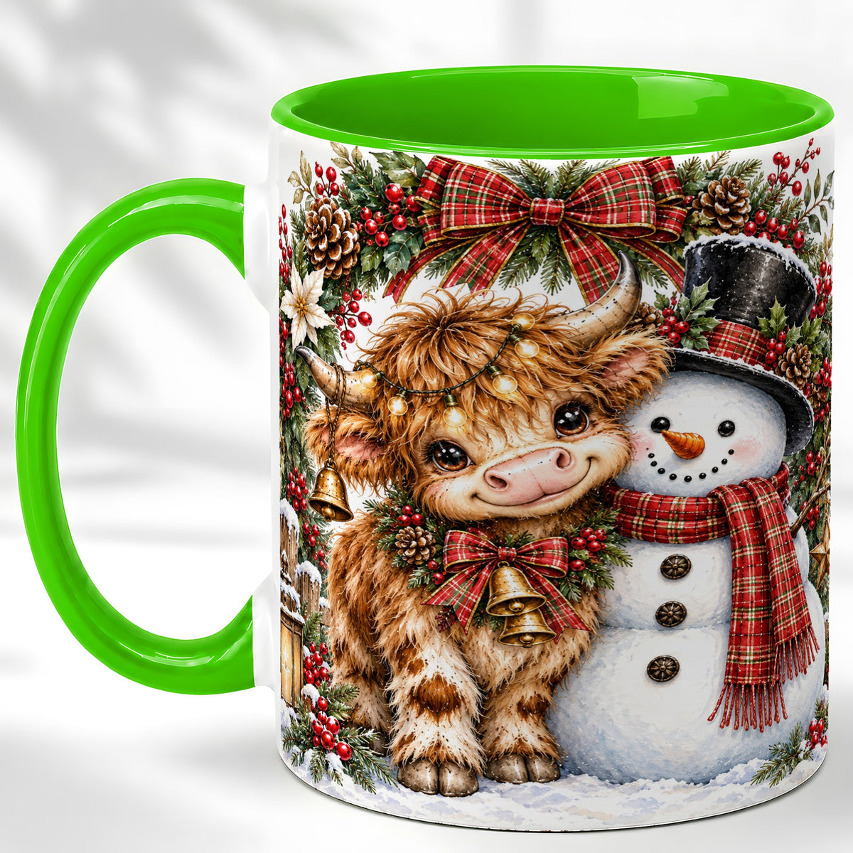 #pl[11oz|Green] Watercolor Highland Cow Coffee Mug, Snowman Mug, Ceramic Cup