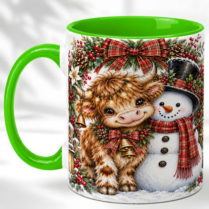 #pl[11oz|Green] Watercolor Highland Cow Coffee Mug, Snowman Mug, Ceramic Cup