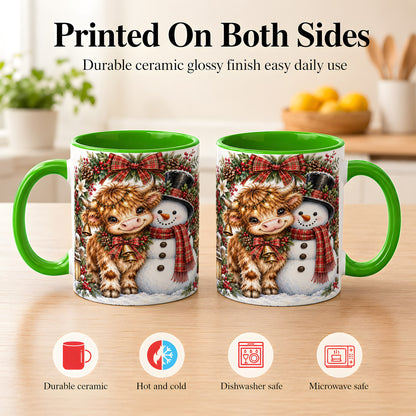 #pl[11oz|Green] Watercolor Highland Cow Coffee Mug, Snowman Mug, Ceramic Cup