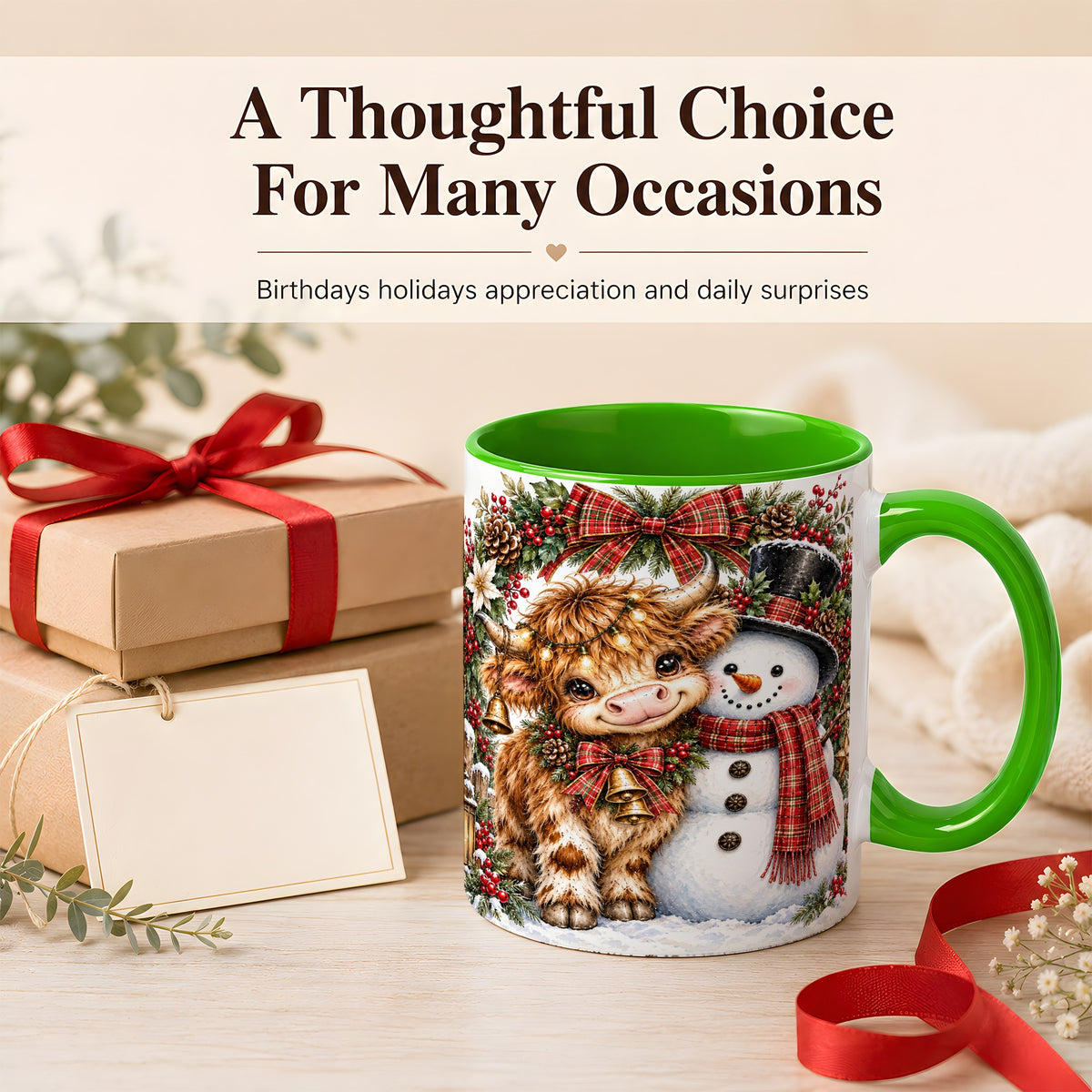 #pl[11oz|Green] Watercolor Highland Cow Coffee Mug, Snowman Mug, Ceramic Cup