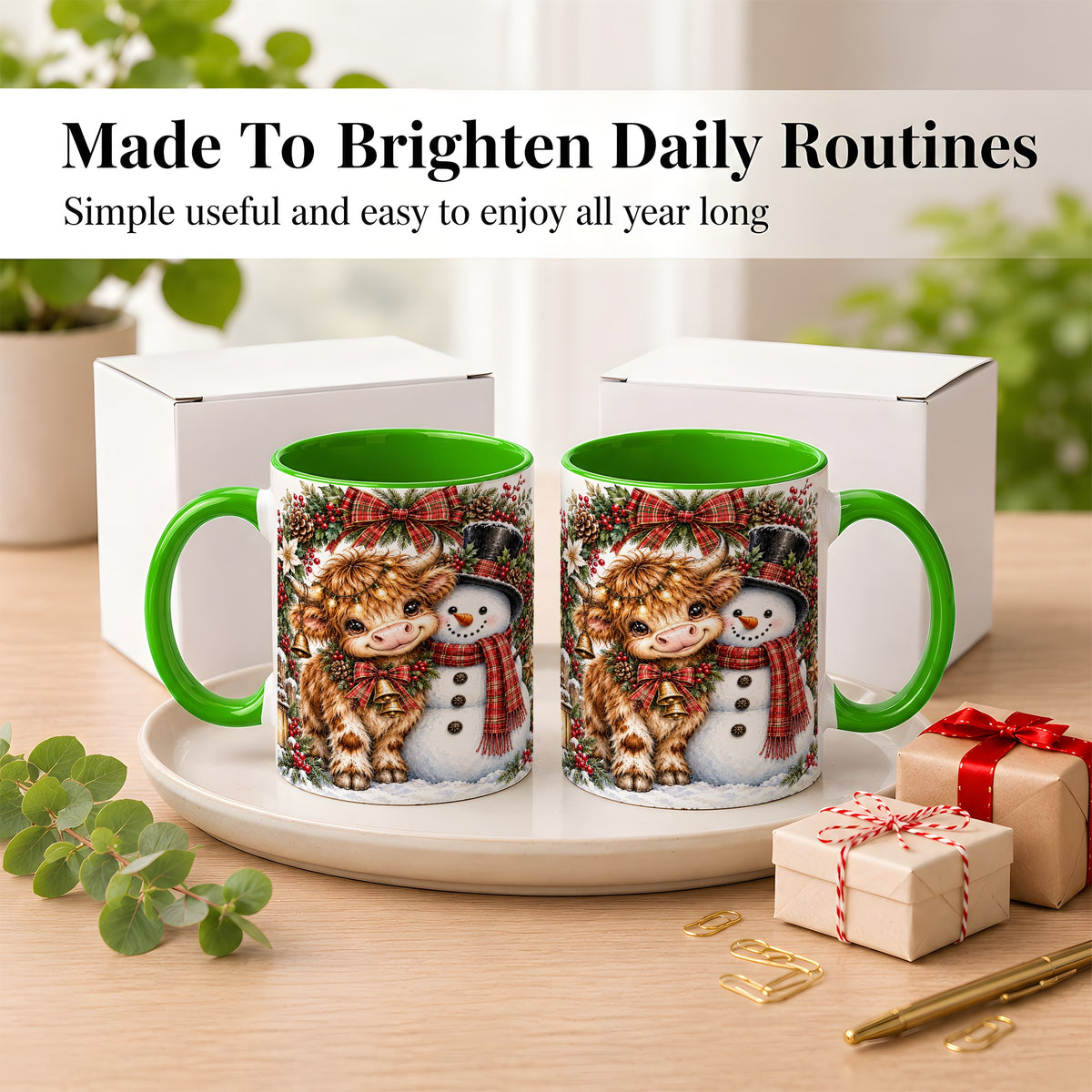 #pl[11oz|Green] Watercolor Highland Cow Coffee Mug, Snowman Mug, Ceramic Cup