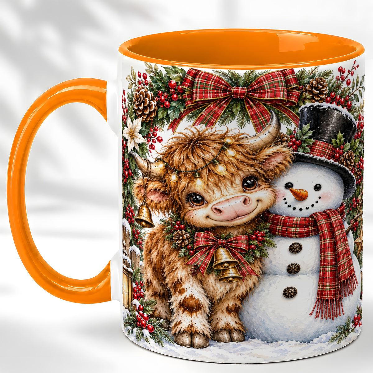#pl[11oz|Orange] Watercolor Highland Cow Coffee Mug, Snowman Mug, Ceramic Cup