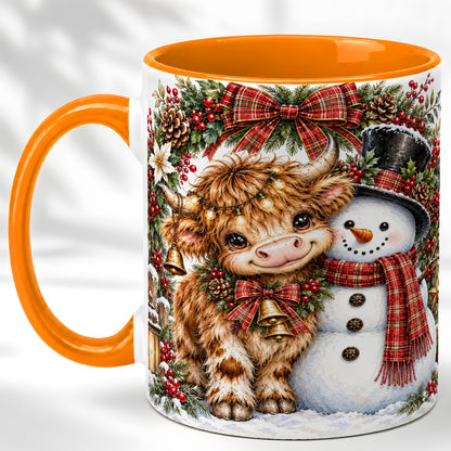 #pl[11oz|Orange] Watercolor Highland Cow Coffee Mug, Snowman Mug, Ceramic Cup
