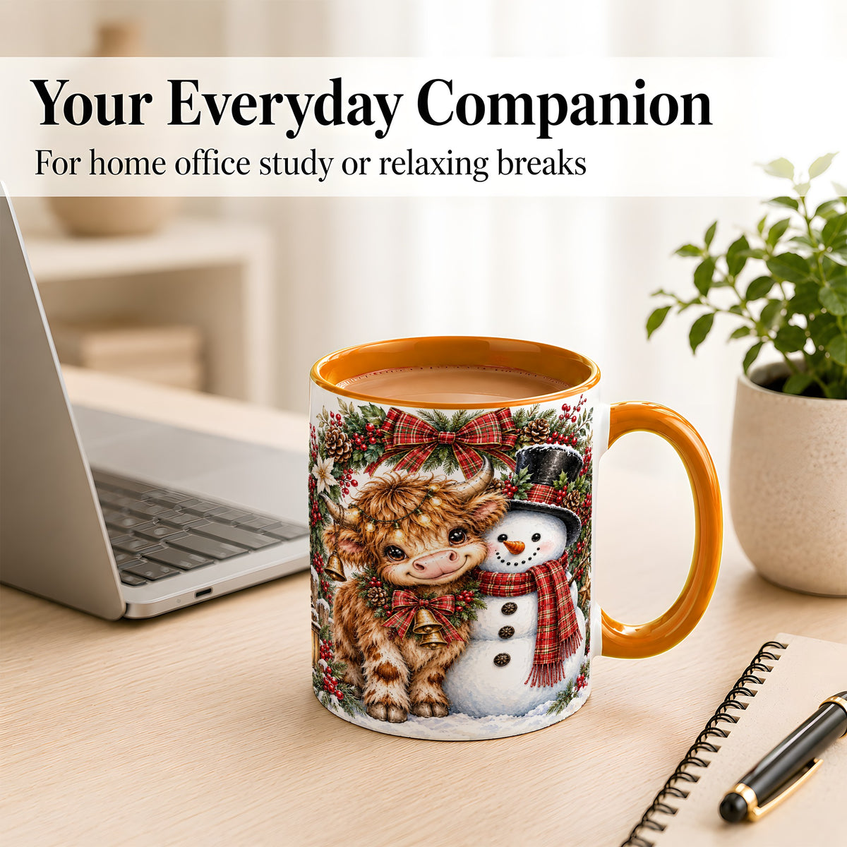#pl[11oz|Orange] Watercolor Highland Cow Coffee Mug, Snowman Mug, Ceramic Cup