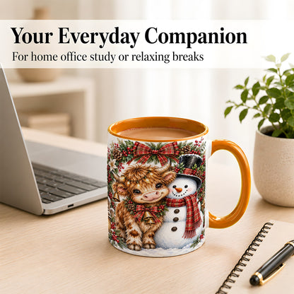 #pl[11oz|Orange] Watercolor Highland Cow Coffee Mug, Snowman Mug, Ceramic Cup