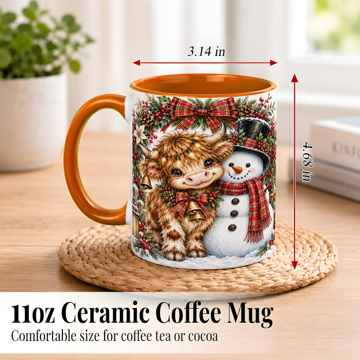 #pl[11oz|Orange] Watercolor Highland Cow Coffee Mug, Snowman Mug, Ceramic Cup