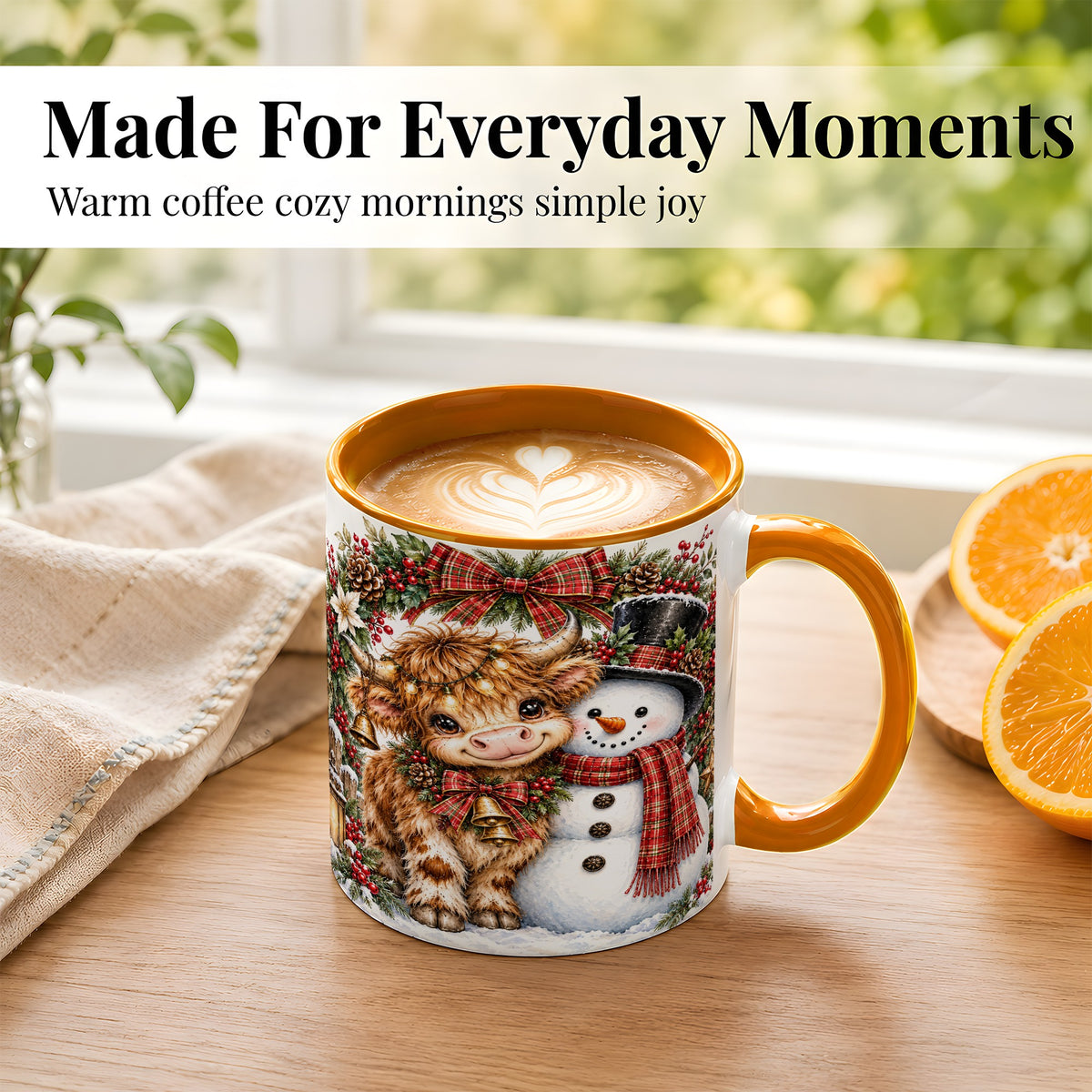 #pl[11oz|Orange] Watercolor Highland Cow Coffee Mug, Snowman Mug, Ceramic Cup