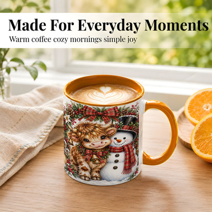 #pl[11oz|Orange] Watercolor Highland Cow Coffee Mug, Snowman Mug, Ceramic Cup