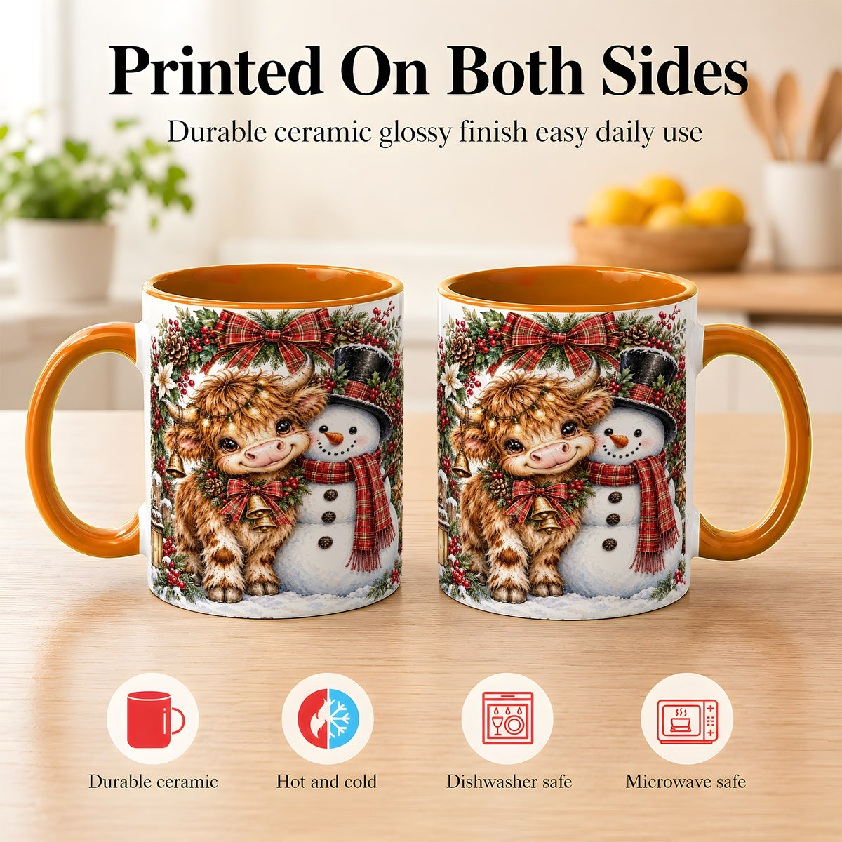#pl[11oz|Orange] Watercolor Highland Cow Coffee Mug, Snowman Mug, Ceramic Cup