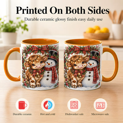 #pl[11oz|Orange] Watercolor Highland Cow Coffee Mug, Snowman Mug, Ceramic Cup