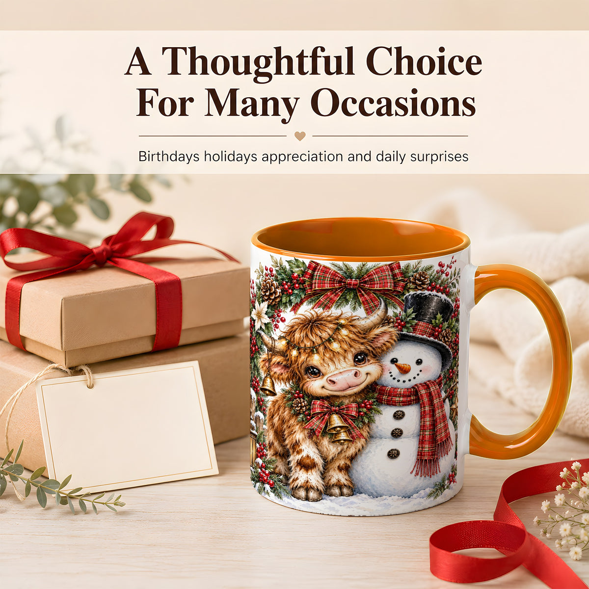#pl[11oz|Orange] Watercolor Highland Cow Coffee Mug, Snowman Mug, Ceramic Cup
