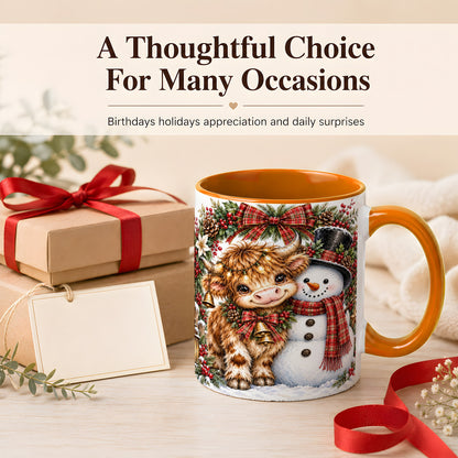 #pl[11oz|Orange] Watercolor Highland Cow Coffee Mug, Snowman Mug, Ceramic Cup