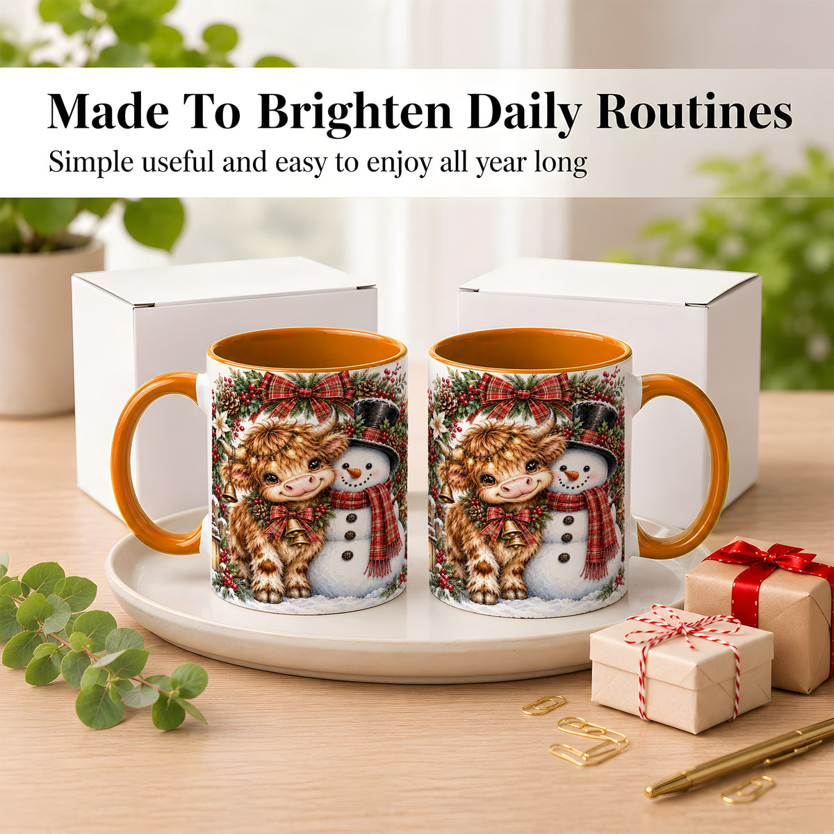 #pl[11oz|Orange] Watercolor Highland Cow Coffee Mug, Snowman Mug, Ceramic Cup