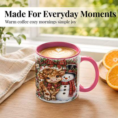 #pl[11oz|Pink] Watercolor Highland Cow Coffee Mug, Snowman Mug, Ceramic Cup