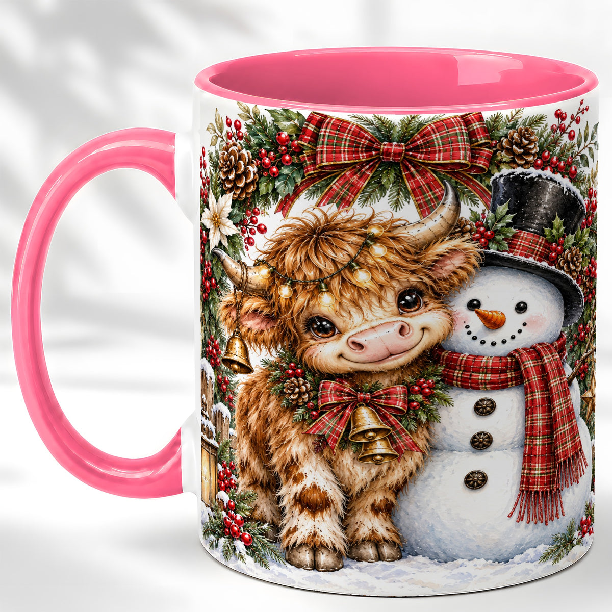 #pl[11oz|Pink] Watercolor Highland Cow Coffee Mug, Snowman Mug, Ceramic Cup