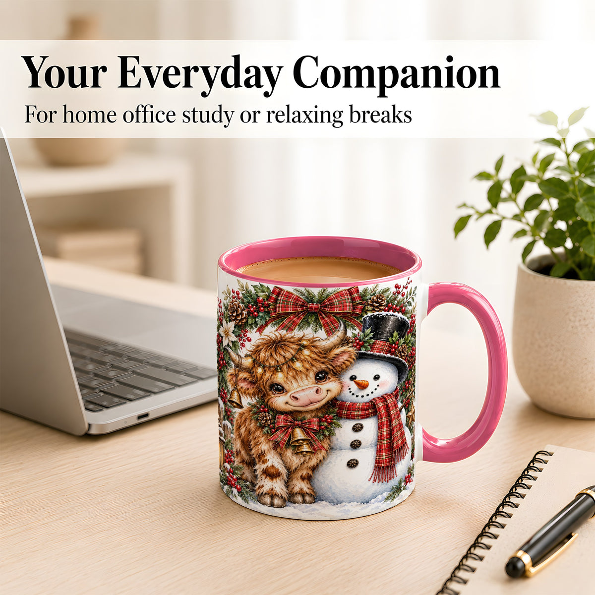 #pl[11oz|Pink] Watercolor Highland Cow Coffee Mug, Snowman Mug, Ceramic Cup