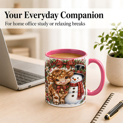 #pl[11oz|Pink] Watercolor Highland Cow Coffee Mug, Snowman Mug, Ceramic Cup