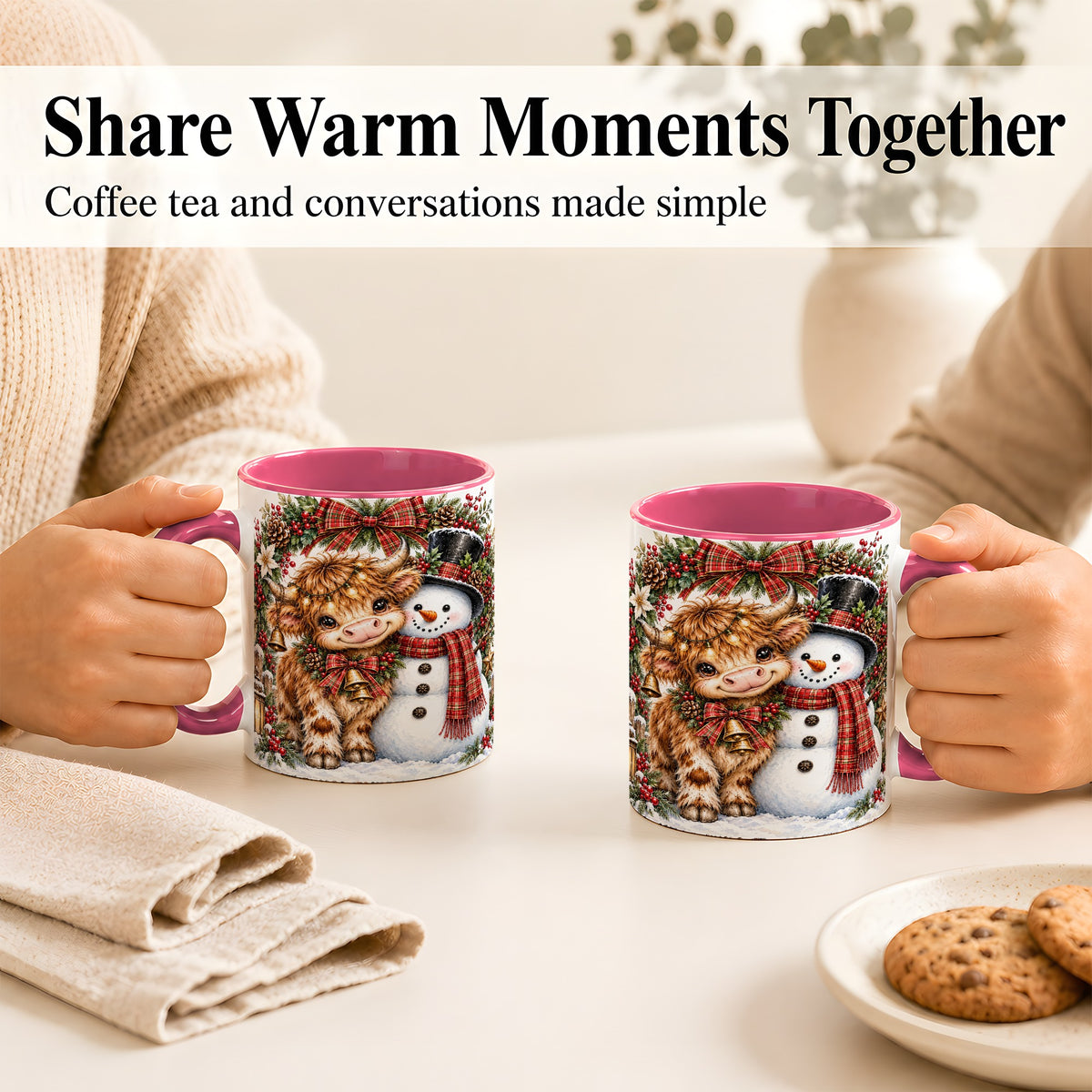 #pl[11oz|Pink] Watercolor Highland Cow Coffee Mug, Snowman Mug, Ceramic Cup