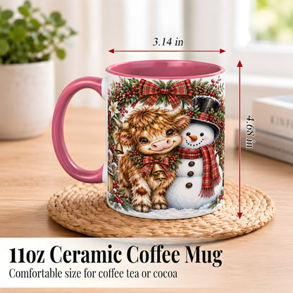 #pl[11oz|Pink] Watercolor Highland Cow Coffee Mug, Snowman Mug, Ceramic Cup