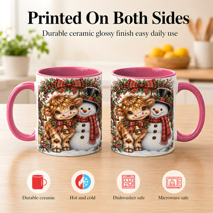 #pl[11oz|Pink] Watercolor Highland Cow Coffee Mug, Snowman Mug, Ceramic Cup
