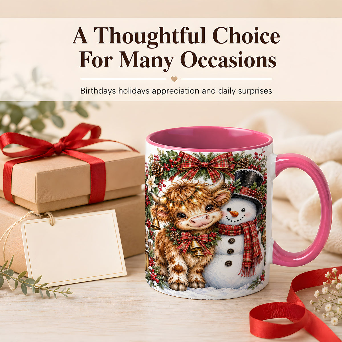 #pl[11oz|Pink] Watercolor Highland Cow Coffee Mug, Snowman Mug, Ceramic Cup