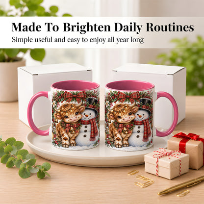 #pl[11oz|Pink] Watercolor Highland Cow Coffee Mug, Snowman Mug, Ceramic Cup