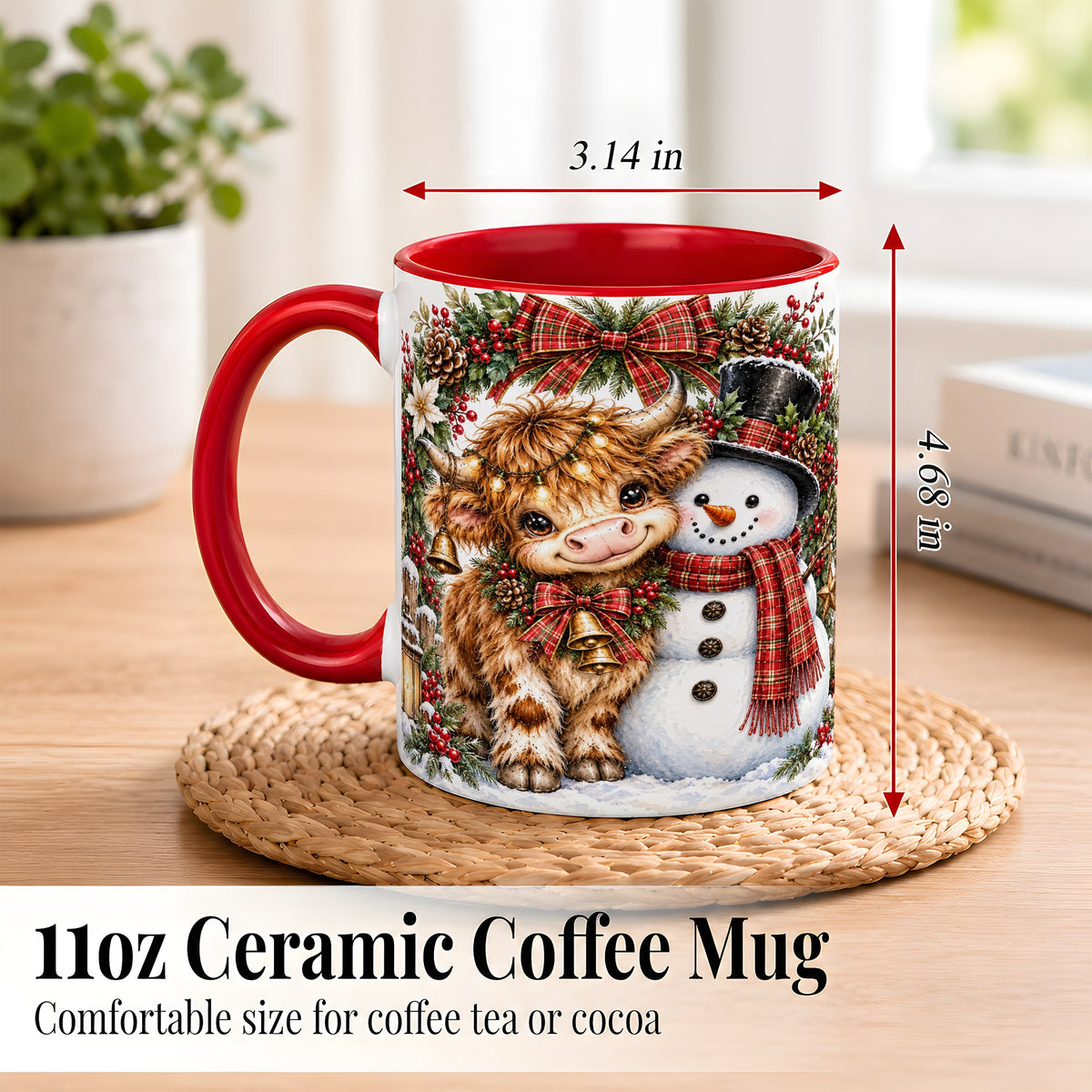 #pl[11oz|Red] Watercolor Highland Cow Coffee Mug, Snowman Mug, Ceramic Cup