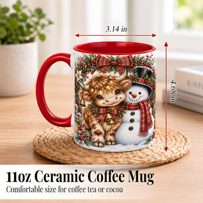 #pl[11oz|Red] Watercolor Highland Cow Coffee Mug, Snowman Mug, Ceramic Cup