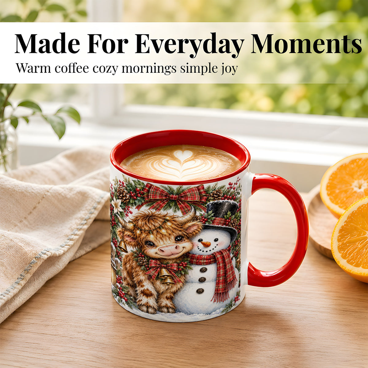 #pl[11oz|Red] Watercolor Highland Cow Coffee Mug, Snowman Mug, Ceramic Cup