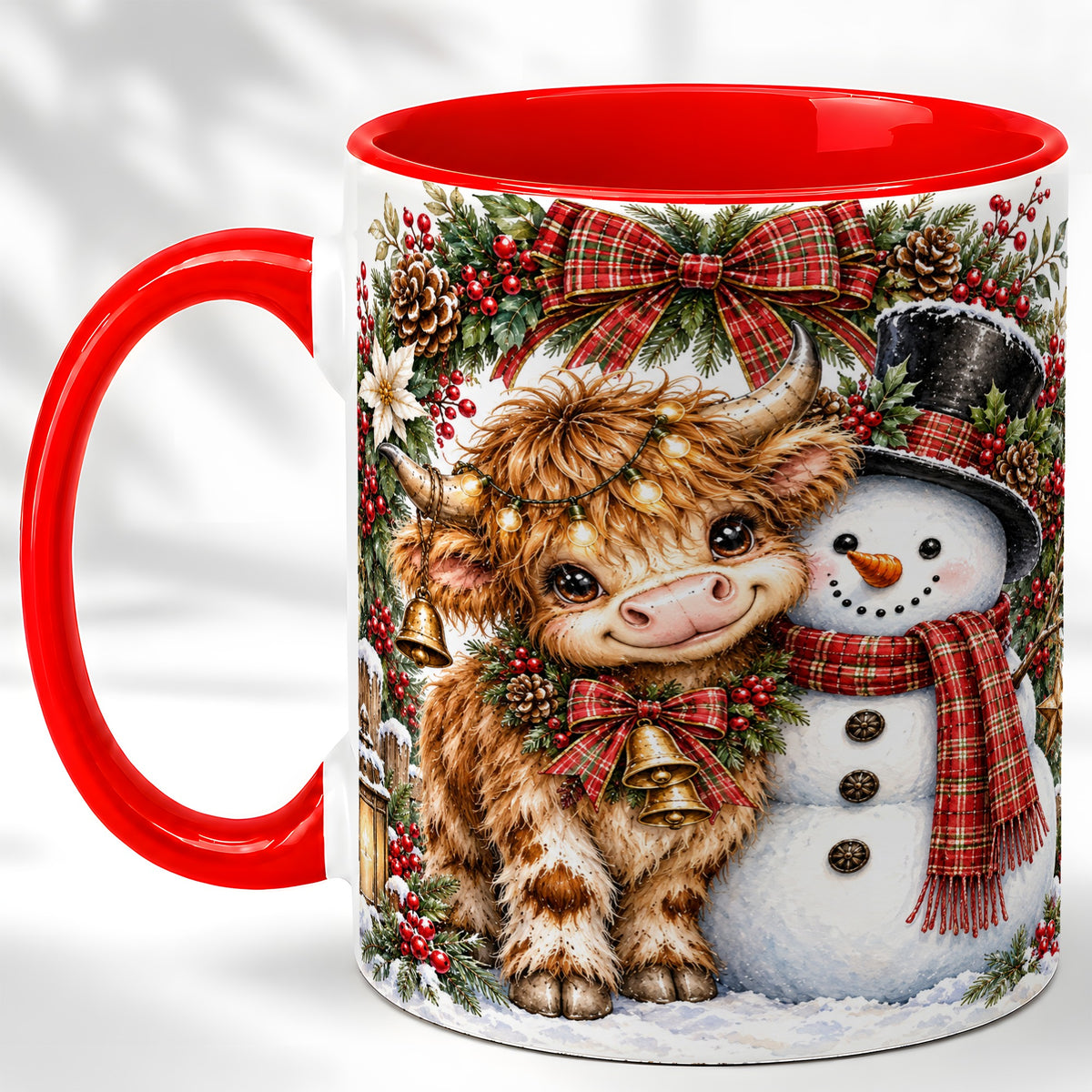 Watercolor Highland Cow Coffee Mug, Snowman Mug, Ceramic Cup