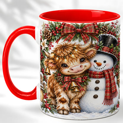 Watercolor Highland Cow Coffee Mug, Snowman Mug, Ceramic Cup