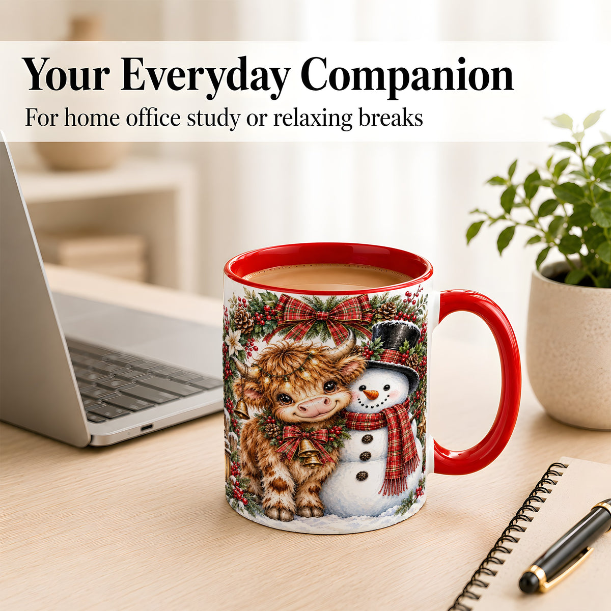 #pl[11oz|Red] Watercolor Highland Cow Coffee Mug, Snowman Mug, Ceramic Cup