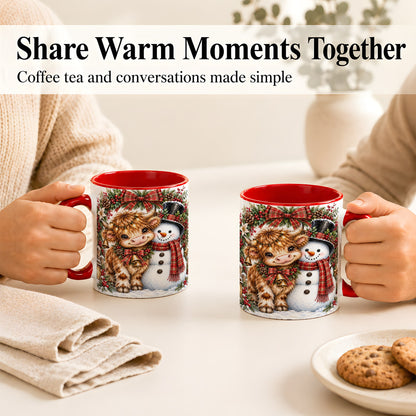 #pl[11oz|Red] Watercolor Highland Cow Coffee Mug, Snowman Mug, Ceramic Cup