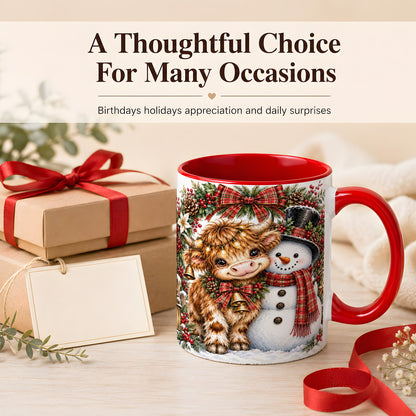 #pl[11oz|Red] Watercolor Highland Cow Coffee Mug, Snowman Mug, Ceramic Cup
